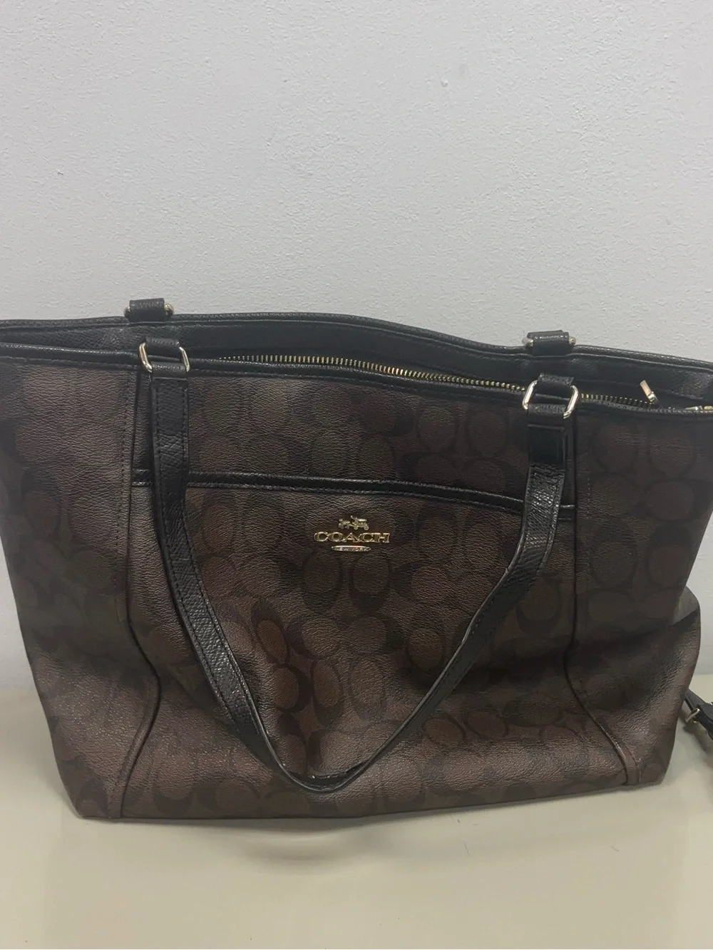 Coach Brown Signature Canvas Tote with Dark Leather Trim
